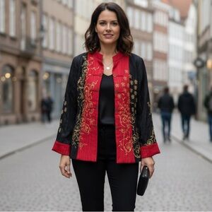Joni B Oriental Embroidery Lined Red & Black Jacket Size M